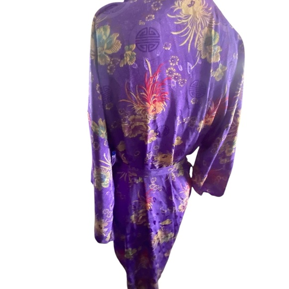 Shanghai Soho Purple Asian  Floral Patterned Silky Satin Robe Short Vibrant S/M - Picture 7 of 10